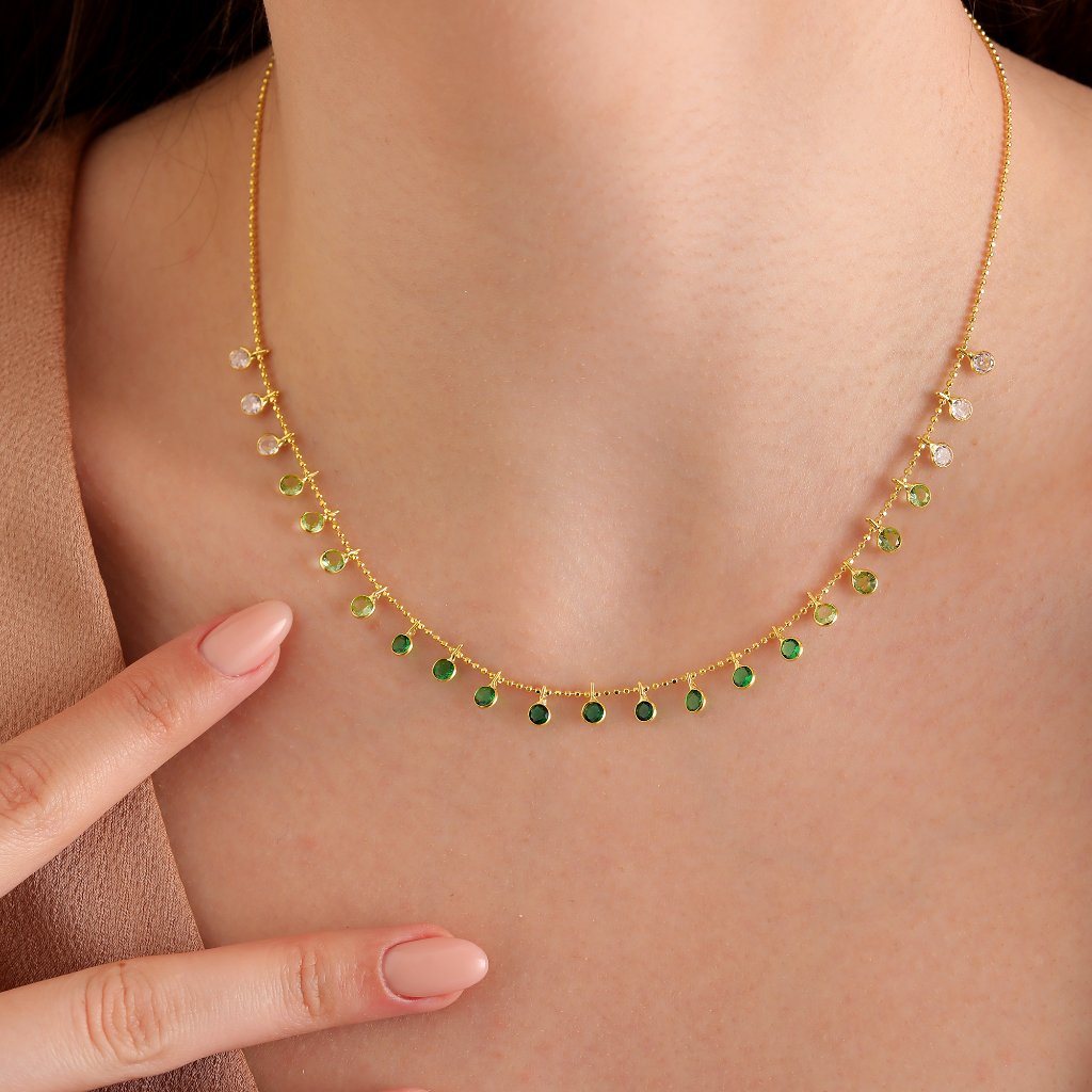 Handmade Personalize Gradient Green Gemstone Choker Necklace,925k Silver